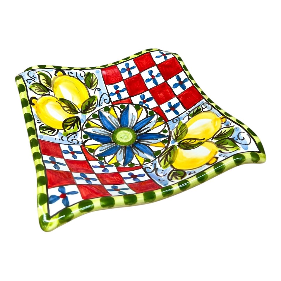 Svuotatasche/portacaramelle in ceramica siciliana decoro carretto con limoni Produzione artigianale di Caltagirone 21 x 21