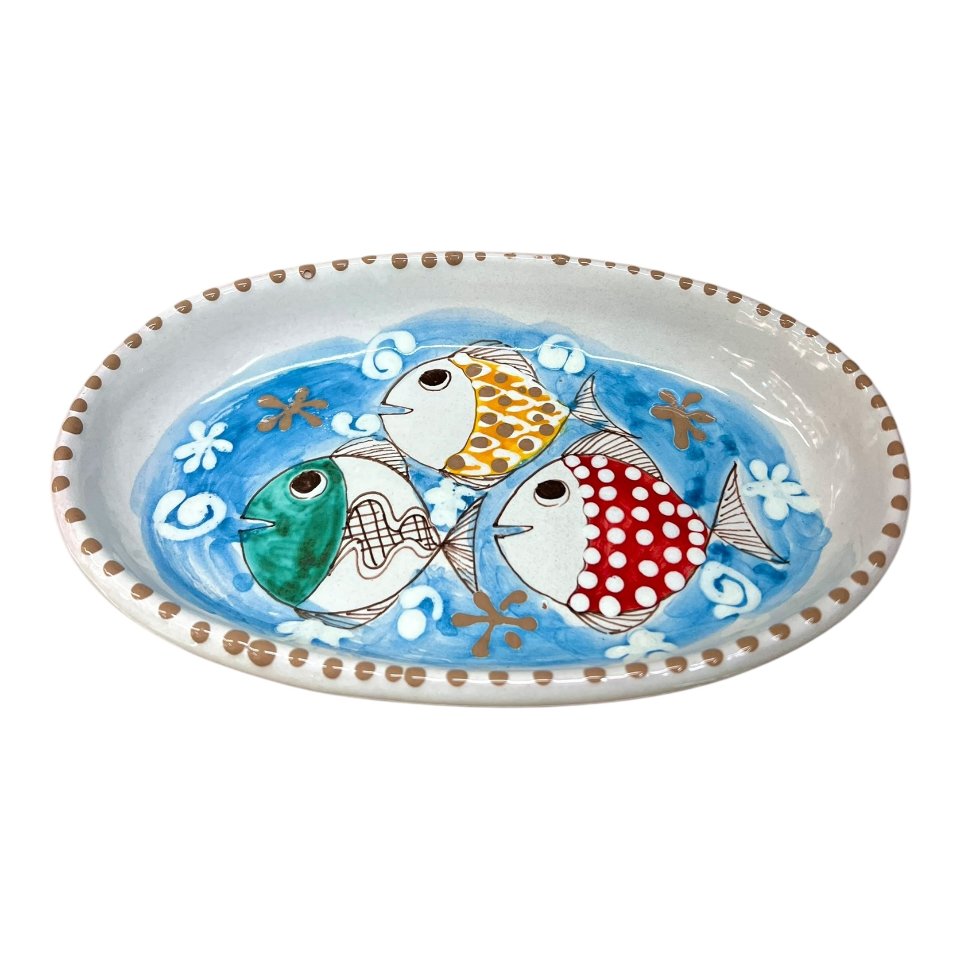 Piatto ornamentale ovale con pesci in ceramica siciliana Produzione artigianale di Santo Stefano di Camastra lunghezza 23cm