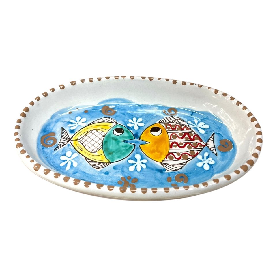 Piatto ornamentale ovale con pesci in ceramica siciliana Produzione artigianale di Santo Stefano di Camastra lunghezza 23cm