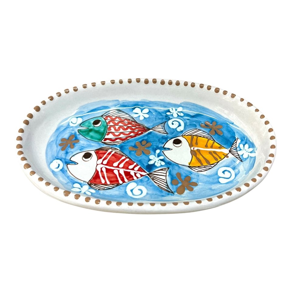 Piatto ornamentale ovale con pesci in ceramica siciliana Produzione artigianale di Santo Stefano di Camastra lunghezza 23cm