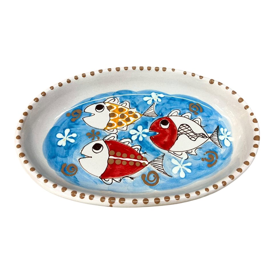 Piatto ornamentale ovale con pesci in ceramica siciliana Produzione artigianale di Santo Stefano di Camastra lunghezza 23cm