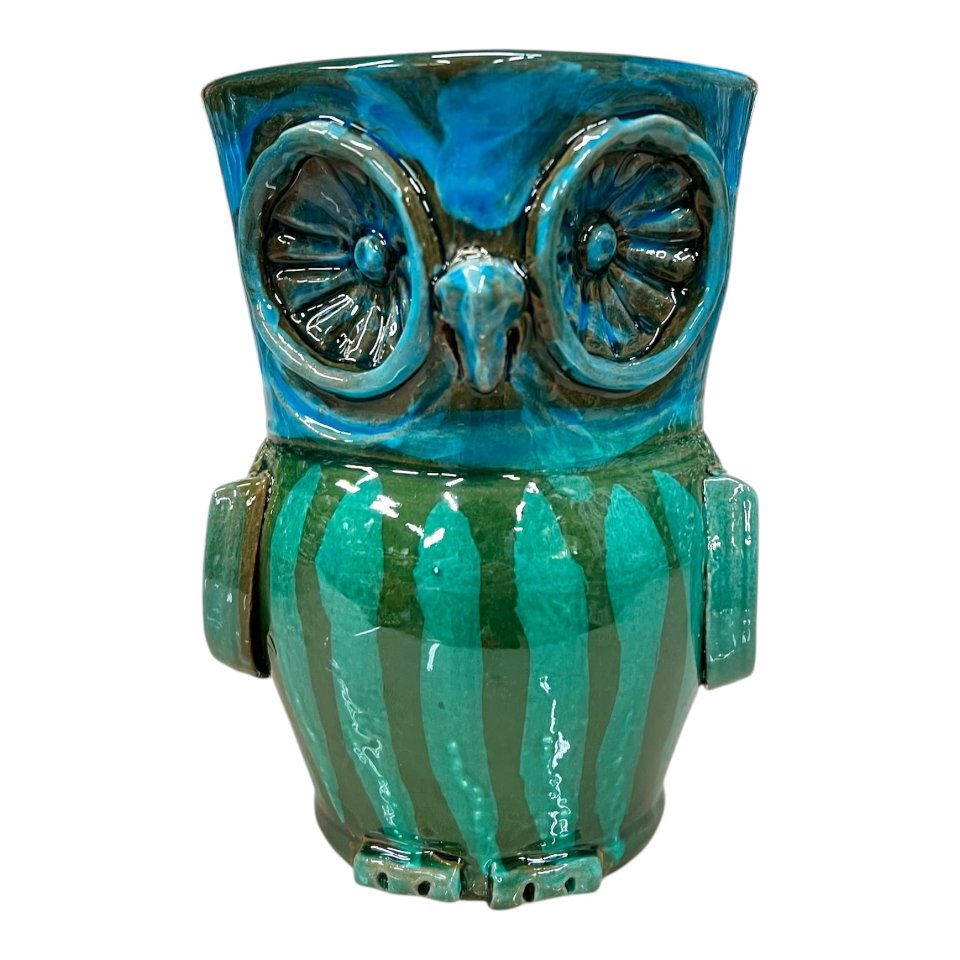 Gufo in ceramica siciliana kaleido decoro verde e azzurro Produzione artigianale di Santo Stefano di Camastra h.18 cm