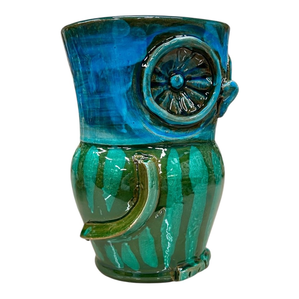 Gufo in ceramica siciliana kaleido decoro verde e azzurro Produzione artigianale di Santo Stefano di Camastra h.18 cm