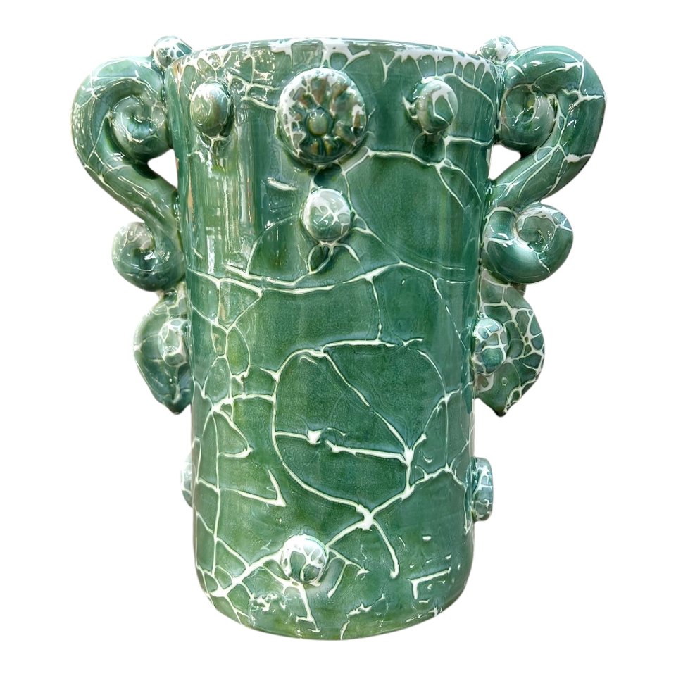 Testa di moro collezione I Miti vaso Sikano decoro verde acqua effetto marmo Produzione artigianale di Santo Stefano di Camastra h.25