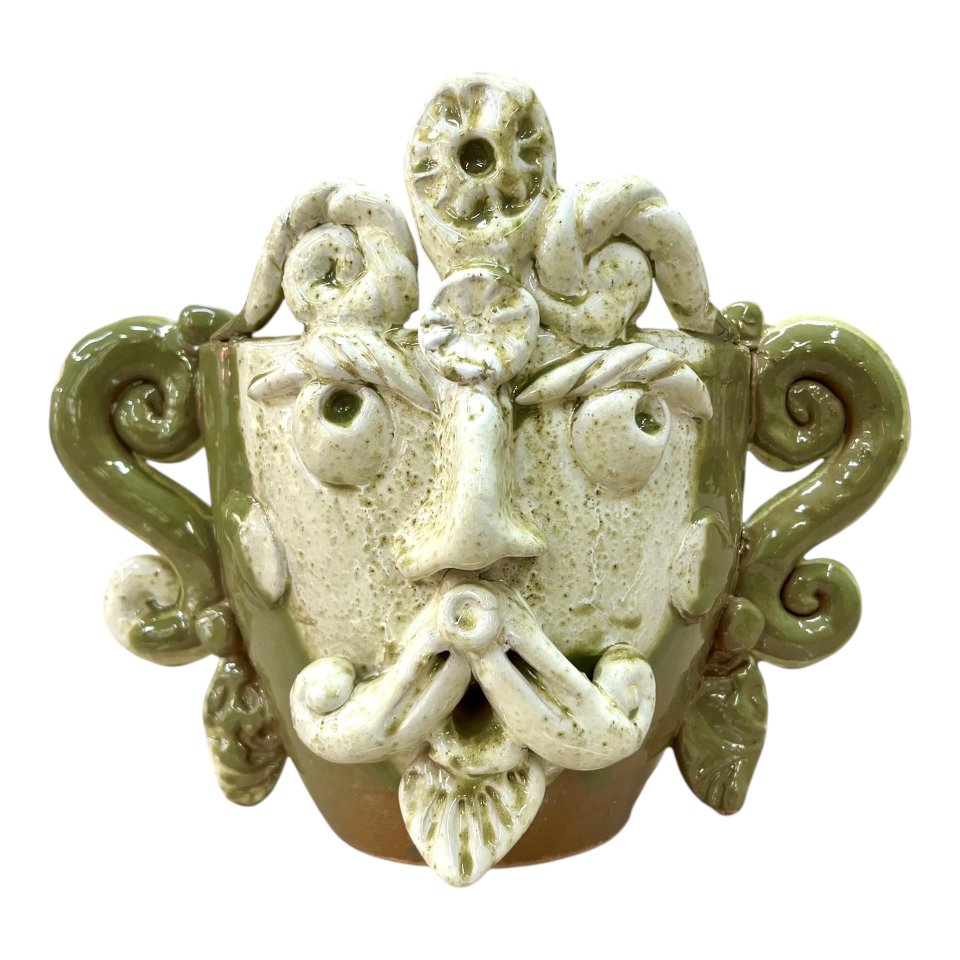 Testa di moro collezione I Miti vaso Sikano decoro verde oliva e bianco effetto marmo Produzione artigianale di Santo Stefano di Camastra h.20cm