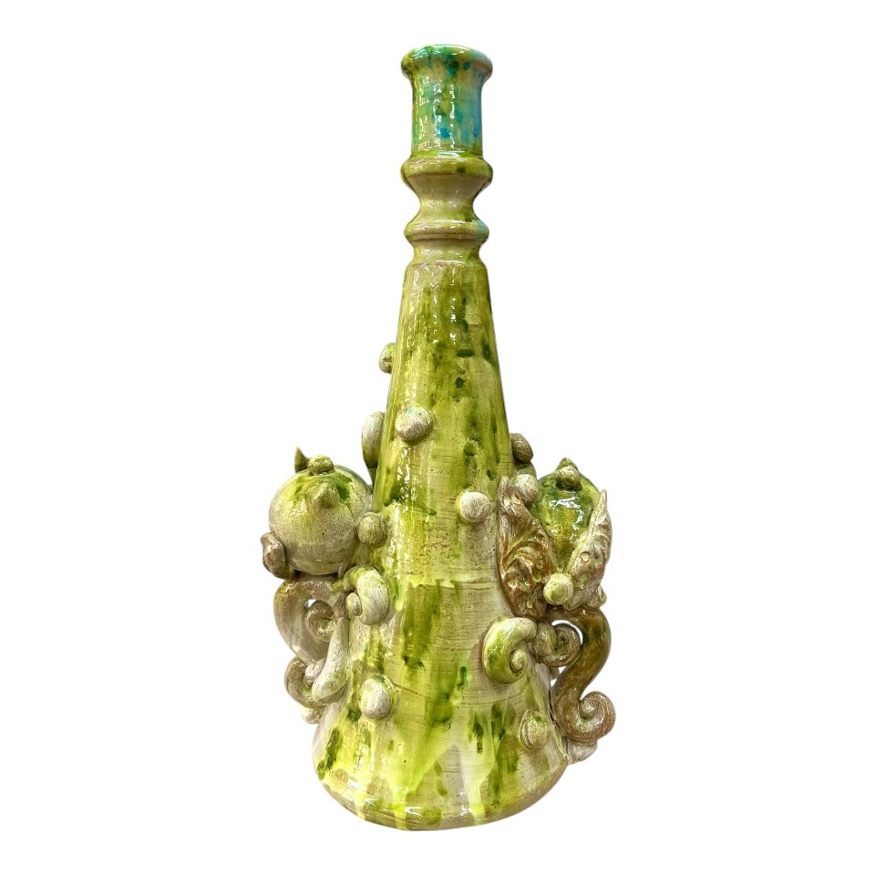Candeliere in ceramica con limoni decoro verde lime kaleido Produzione artigianale di Santo Stefano di Camastra h.35cm