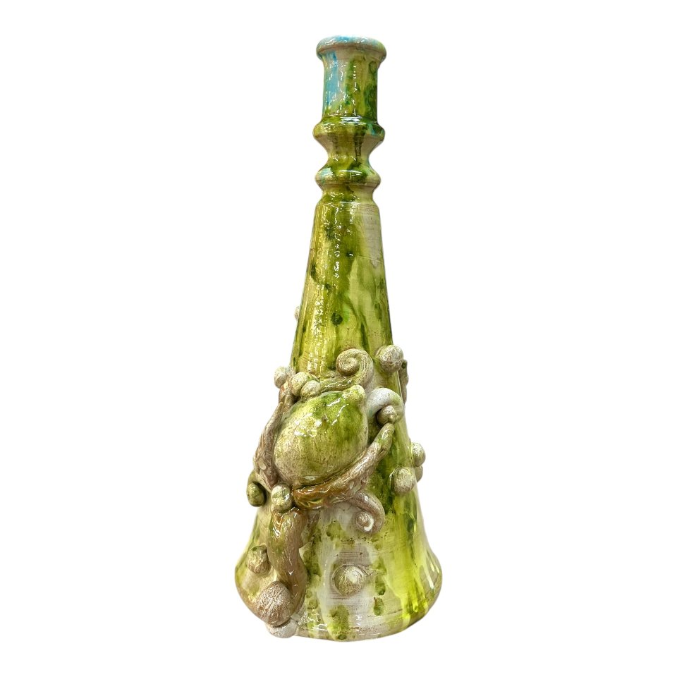 Candeliere in ceramica con limoni decoro verde lime kaleido Produzione artigianale di Santo Stefano di Camastra h.35cm