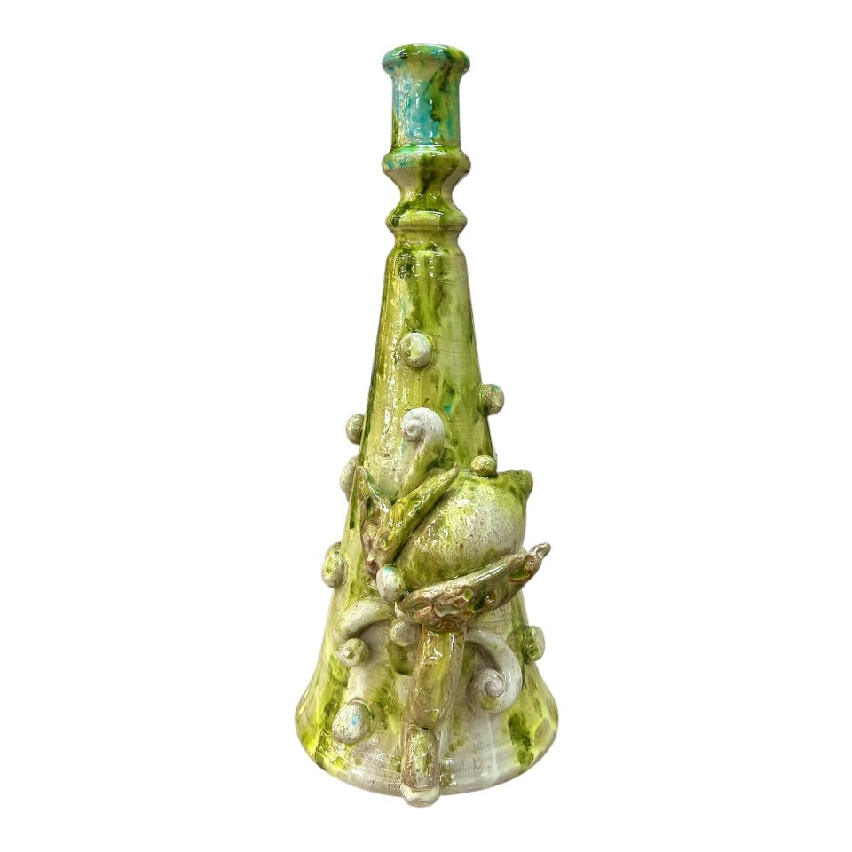 Candeliere in ceramica con limoni decoro verde lime kaleido Produzione artigianale di Santo Stefano di Camastra h.35cm