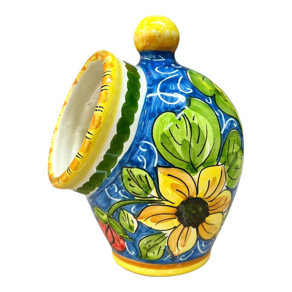 Saliera a salvadanaio con uva decoro floreale barocco fondo blu Produzione artigianale di Santo Stefano di Camastra h.20cm
