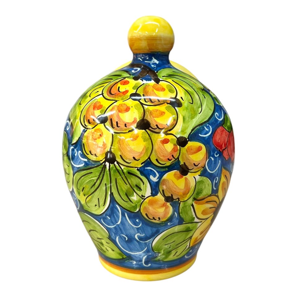 Saliera a salvadanaio con uva decoro floreale barocco fondo blu Produzione artigianale di Santo Stefano di Camastra h.20cm