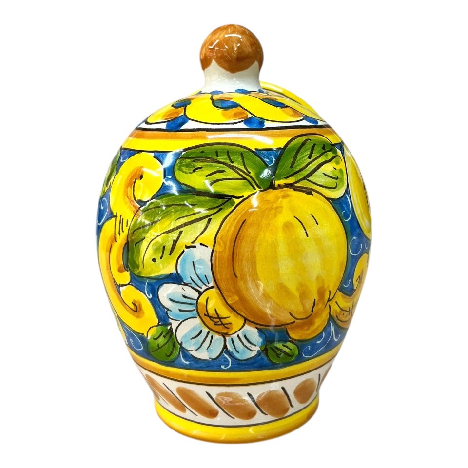 Saliera a salvadanaio decoro floreale con limoni fondo blu Produzione artigianale di Santo Stefano di Camastra h. 20cm