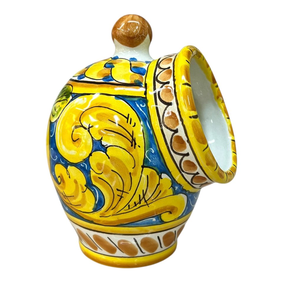 Saliera a salvadanaio decoro floreale con limoni fondo blu Produzione artigianale di Santo Stefano di Camastra h. 20cm