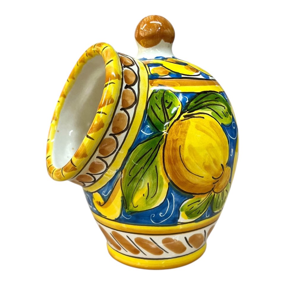 Saliera a salvadanaio decoro floreale con limoni fondo blu Produzione artigianale di Santo Stefano di Camastra h. 20cm