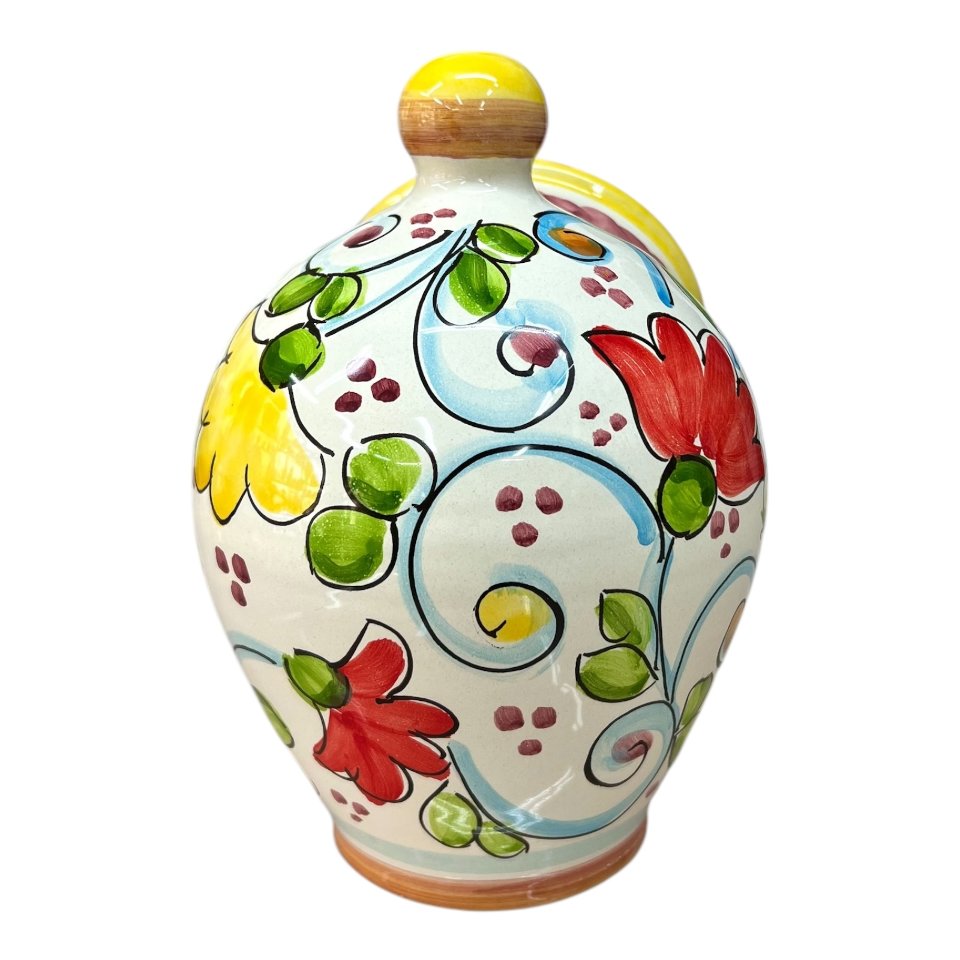 Saliera a salvadanaio in ceramica siciliana con tulipani Produzione artigianale di Santo Stefano di Camastra h.20cm