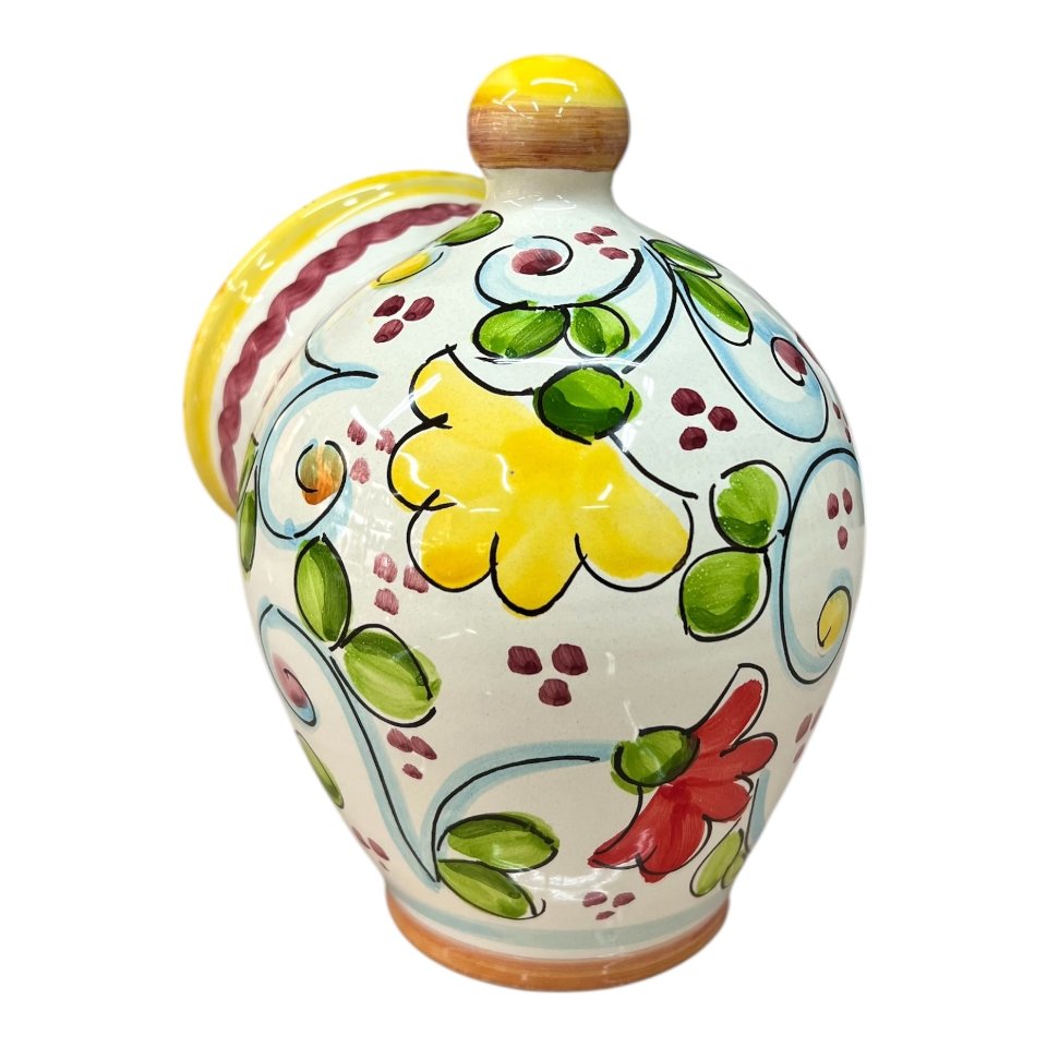 Saliera a salvadanaio in ceramica siciliana con tulipani Produzione artigianale di Santo Stefano di Camastra h.20cm