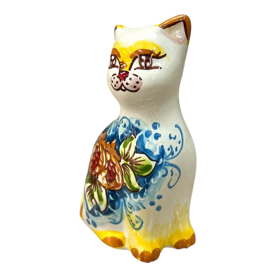 Gattino in ceramica siciliana decoro con melograno fondo blu Produzione artigianale di Caltagirone h.13cm