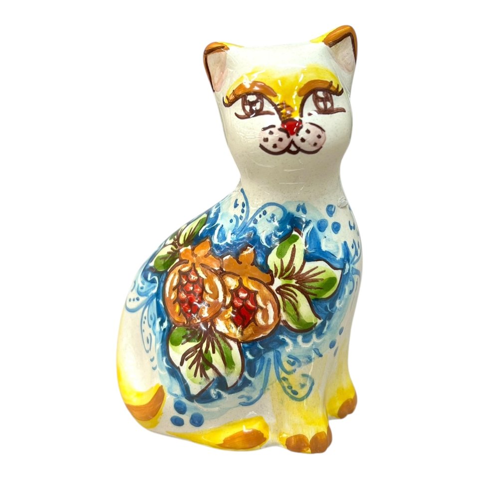 Gattino in ceramica siciliana decoro con melograno fondo blu Produzione artigianale di Caltagirone h.13cm