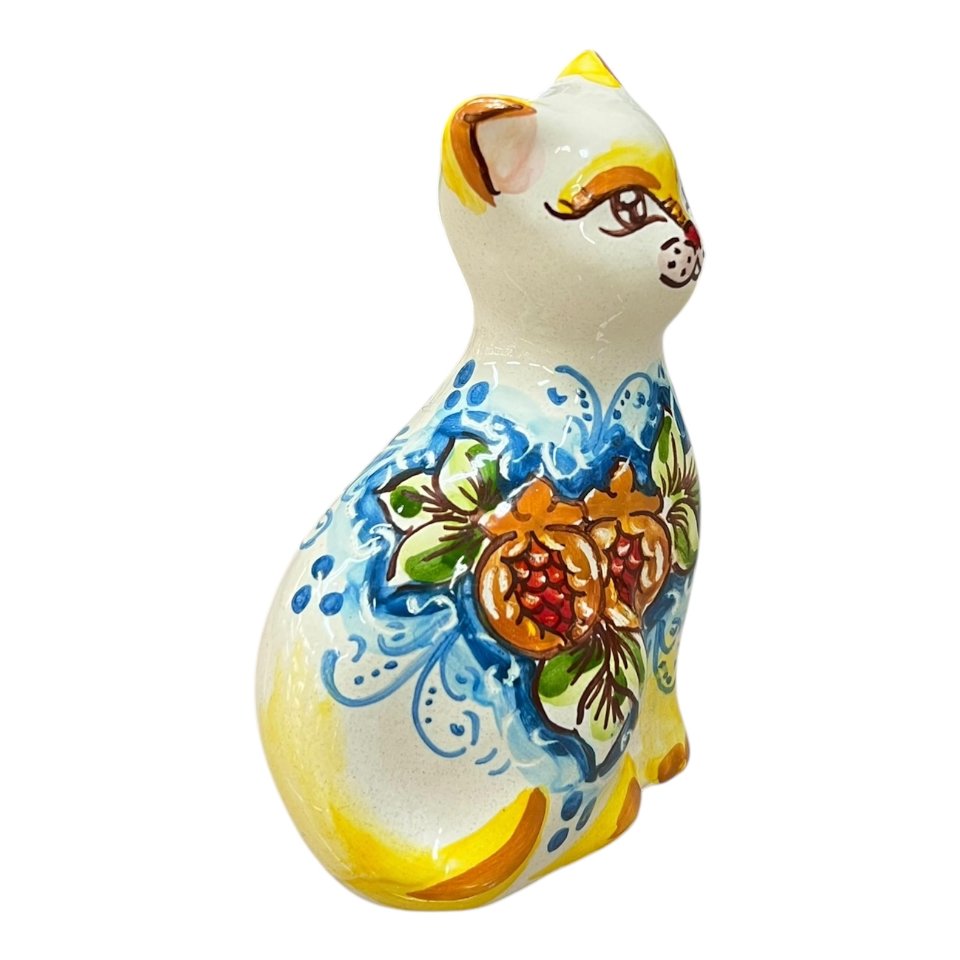 Gattino in ceramica siciliana decoro con melograno fondo blu Produzione artigianale di Caltagirone h.13cm