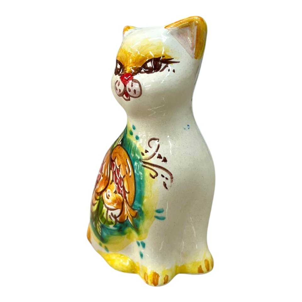 Gattino in ceramica siciliana decoro con melograno fondo verde Produzione artigianale di Caltagirone h.13cm