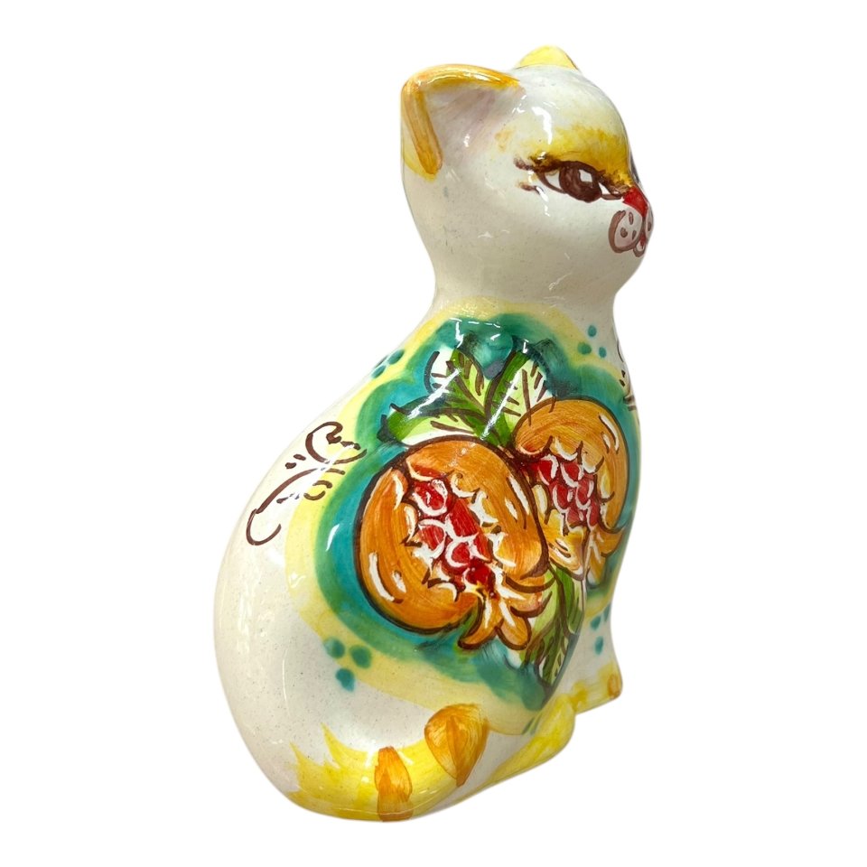 Gattino in ceramica siciliana decoro con melograno fondo verde Produzione artigianale di Caltagirone h.13cm