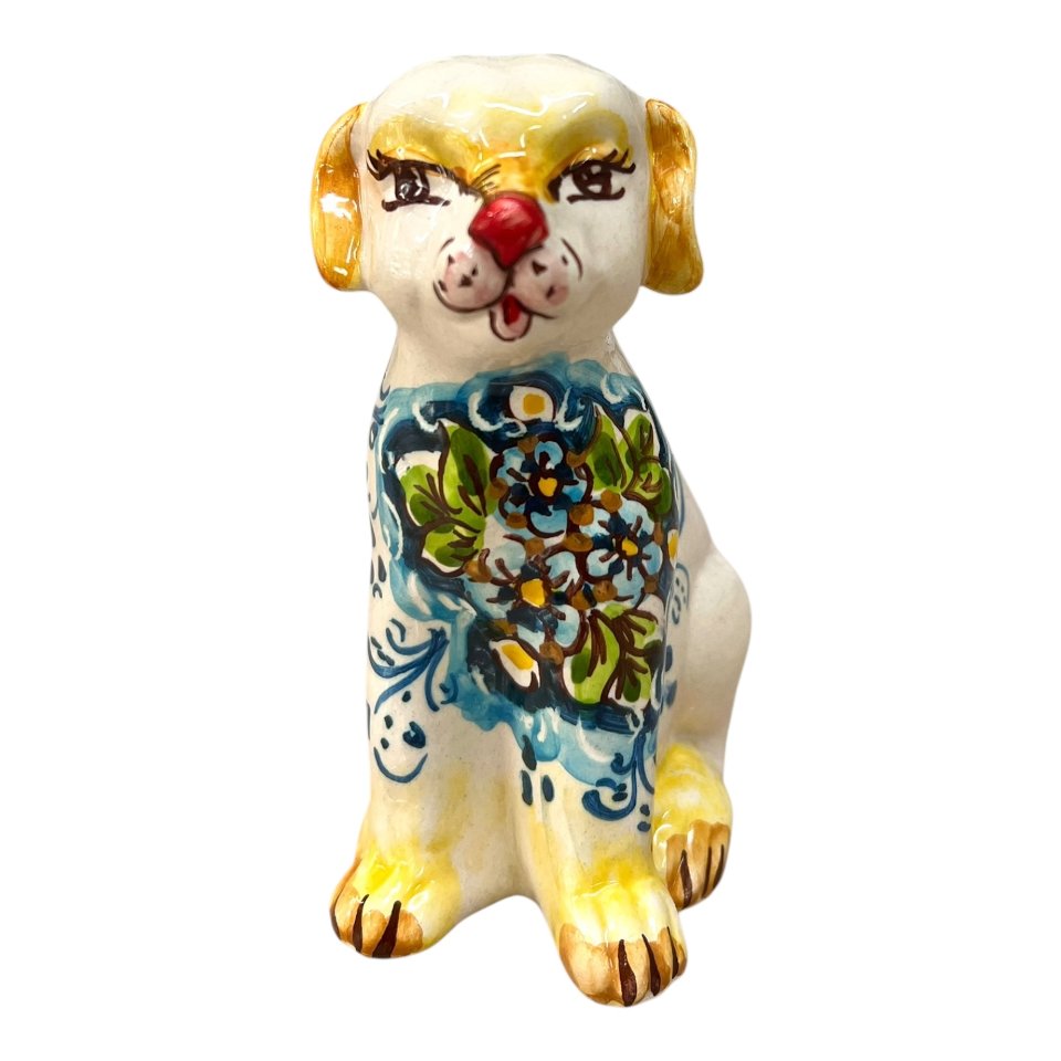 Cagnolino in ceramica siciliana decoro floreale fondo blu Produzione artigianale di Caltagirone h.13cm