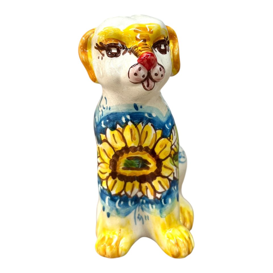 Cagnolino in ceramica siciliana decoro floreale fondo blu Produzione artigianale di Caltagirone h.13cm