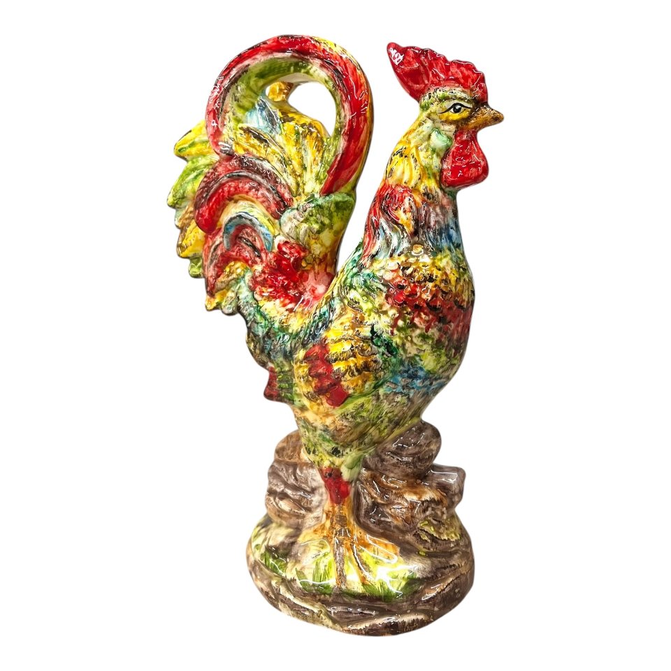 Gallo in ceramica siciliana decorato Produzione artigianale di Santo Stefano di Camastra h.33cm