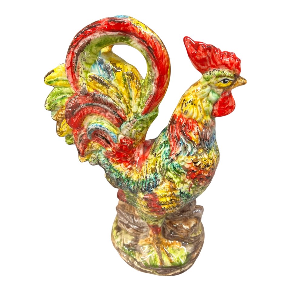 Gallo in ceramica siciliana decorato Produzione artigianale di Santo Stefano di Camastra h.33cm