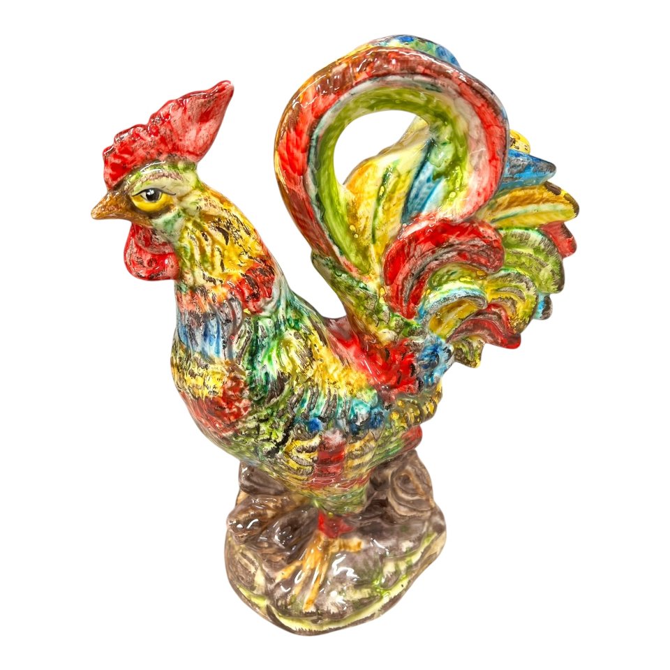 Gallo in ceramica siciliana decorato Produzione artigianale di Santo Stefano di Camastra h.33cm