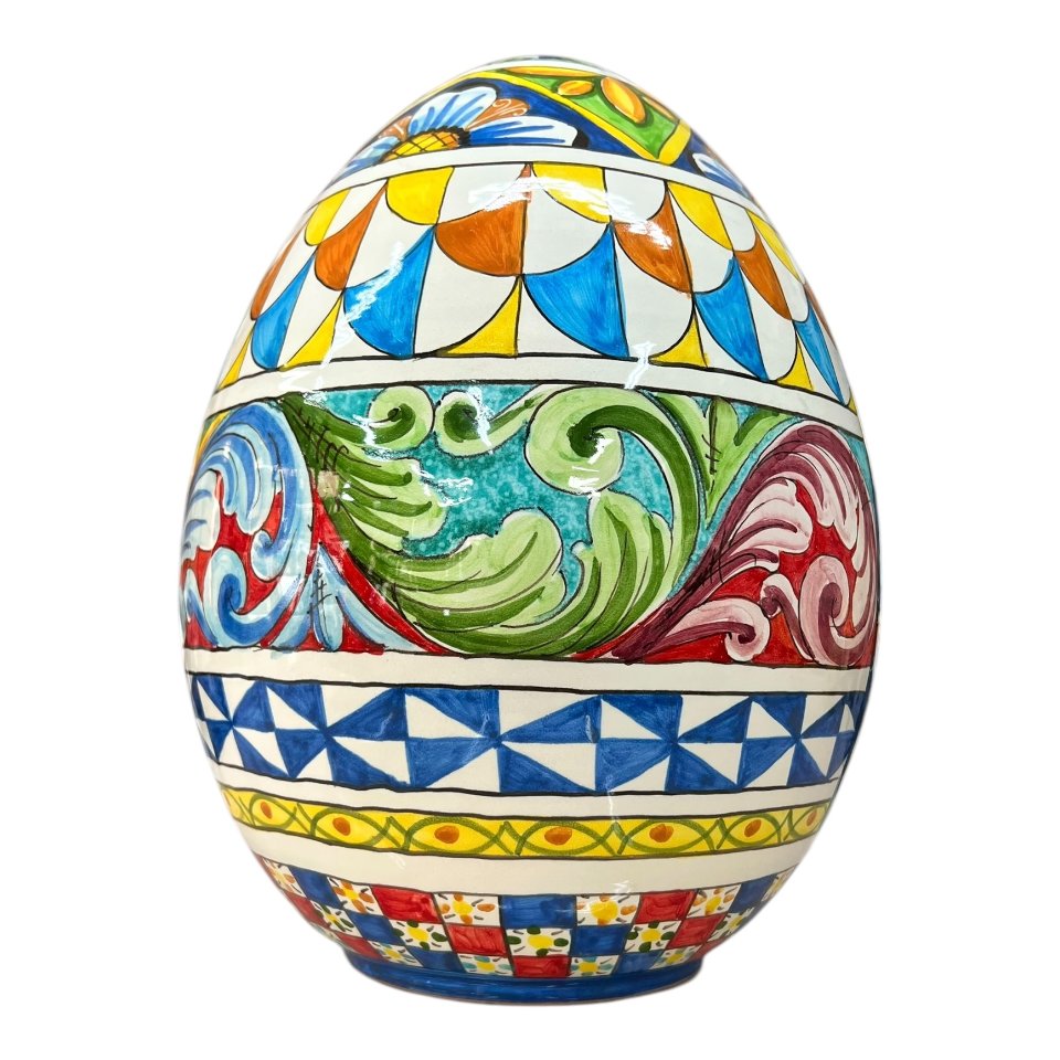 Uovo di Pasqua gigante in ceramica siciliana decoro carretto con limoni Produzione artigianale di Santo Stefano di Camastra h.43cm