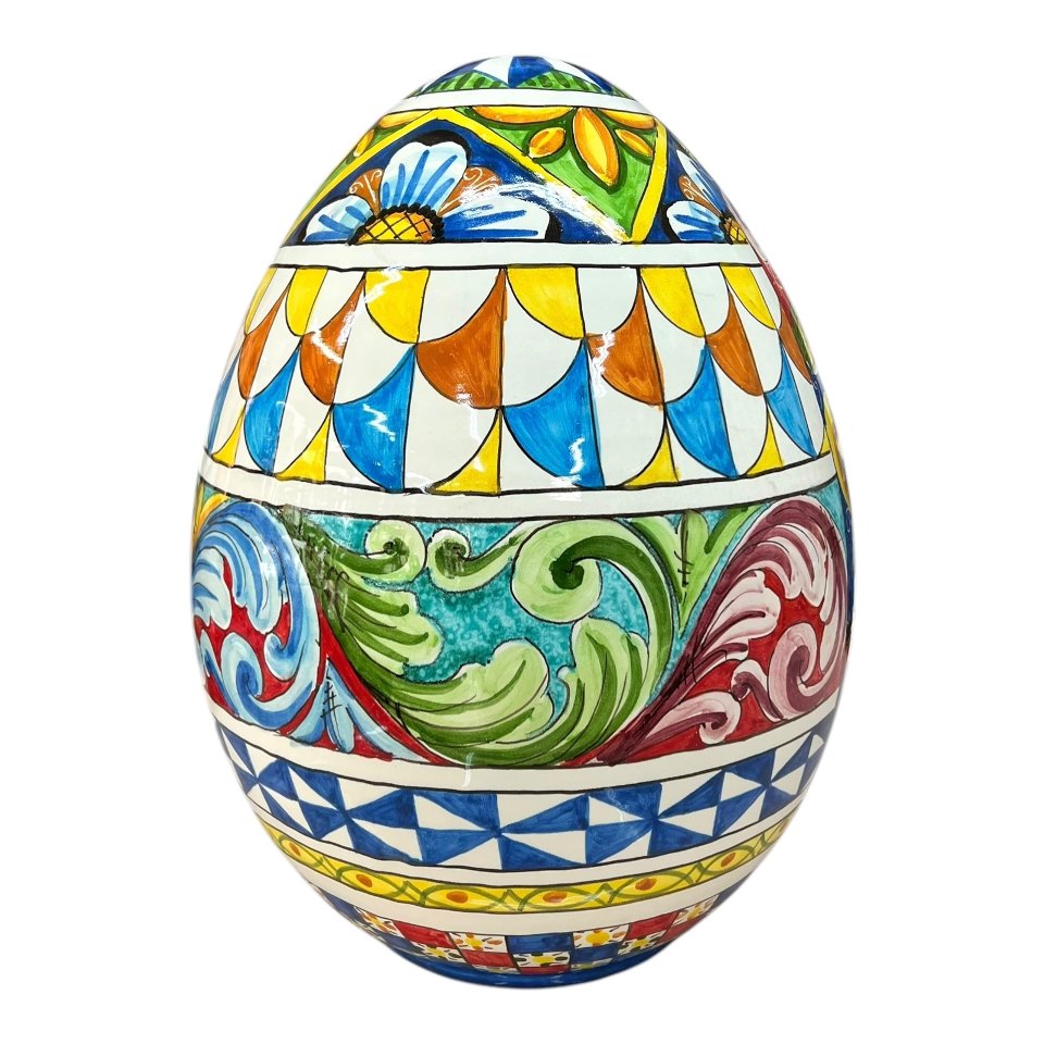Uovo di Pasqua gigante in ceramica siciliana decoro carretto con limoni Produzione artigianale di Santo Stefano di Camastra h.43cm