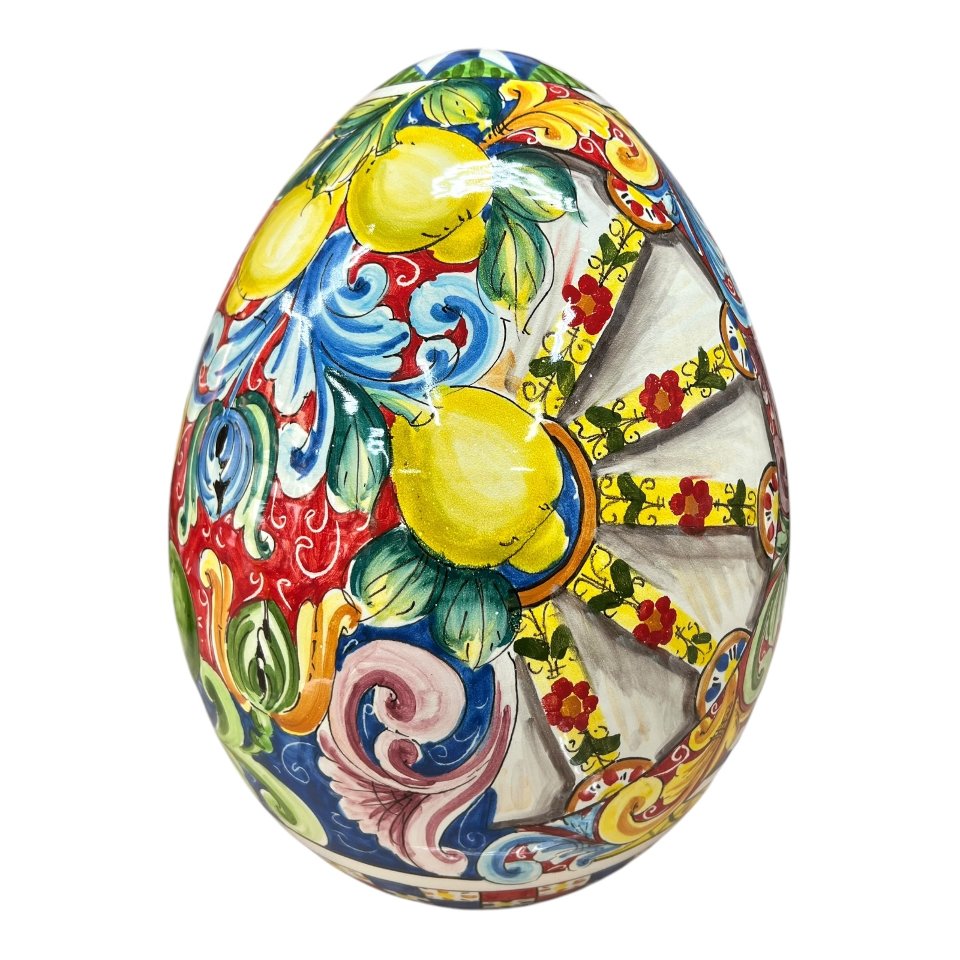 Uovo di Pasqua gigante in ceramica siciliana decoro carretto con limoni Produzione artigianale di Santo Stefano di Camastra h.43cm