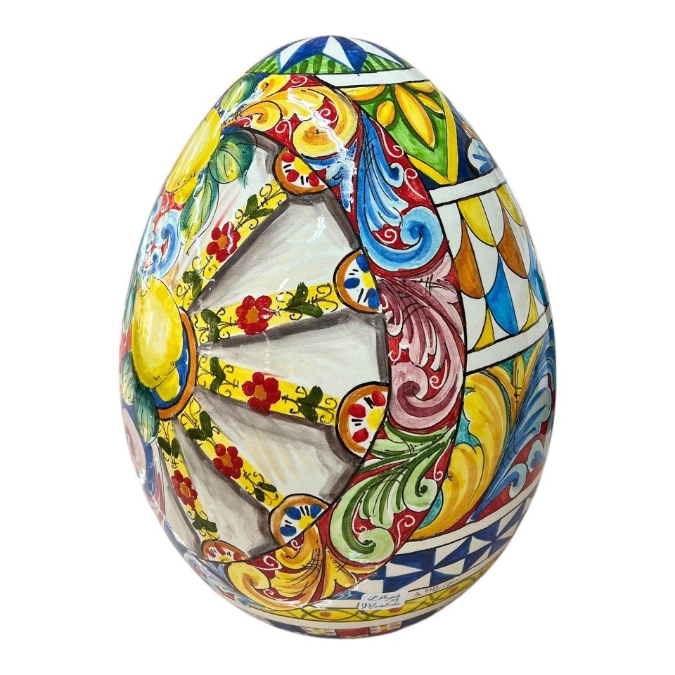 Uovo di Pasqua gigante in ceramica siciliana decoro carretto con limoni Produzione artigianale di Santo Stefano di Camastra h.43cm