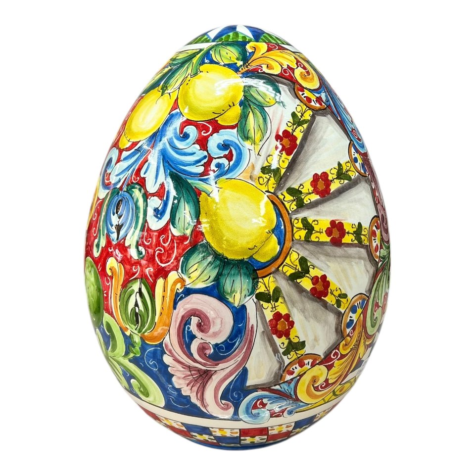 Uovo di Pasqua gigante in ceramica siciliana decoro carretto con limoni Produzione artigianale di Santo Stefano di Camastra h.43cm