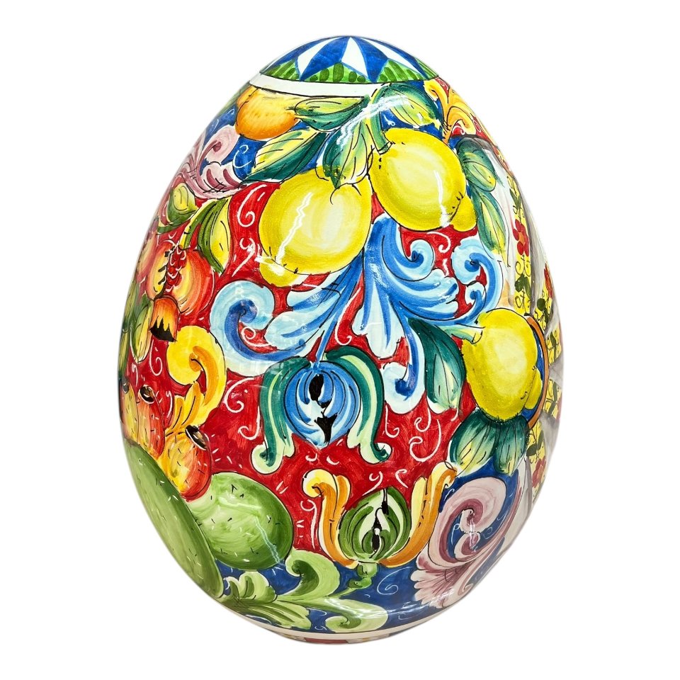 Uovo di Pasqua gigante in ceramica siciliana decoro carretto con limoni Produzione artigianale di Santo Stefano di Camastra h.43cm