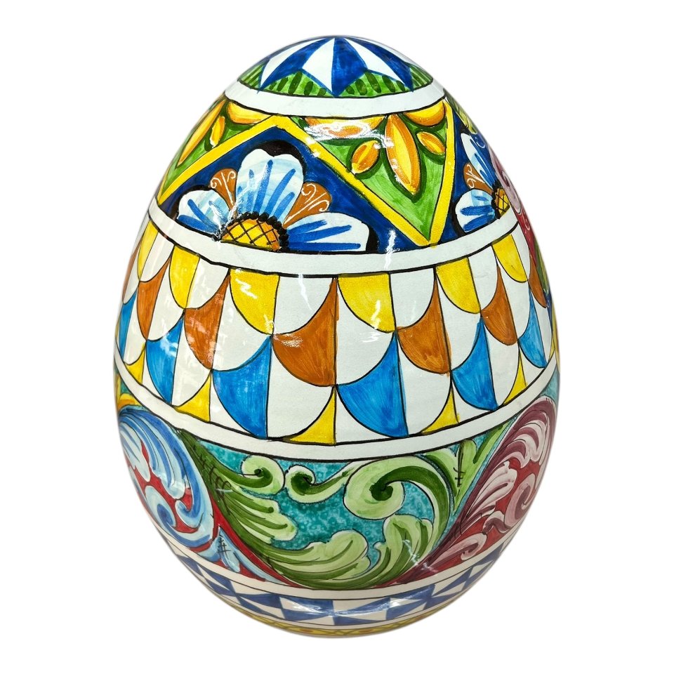 Uovo di Pasqua gigante in ceramica siciliana decoro carretto con limoni Produzione artigianale di Santo Stefano di Camastra h.43cm
