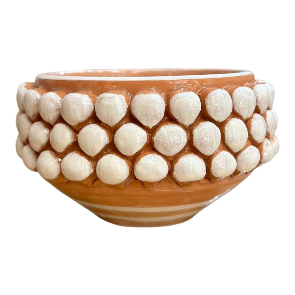 Ciotola pigna svuota tasche o porta caramelle in ceramica siciliana decoro bianco e terracotta Produzione artigianale di Santo Stefano di Camastra Diametro 15cm