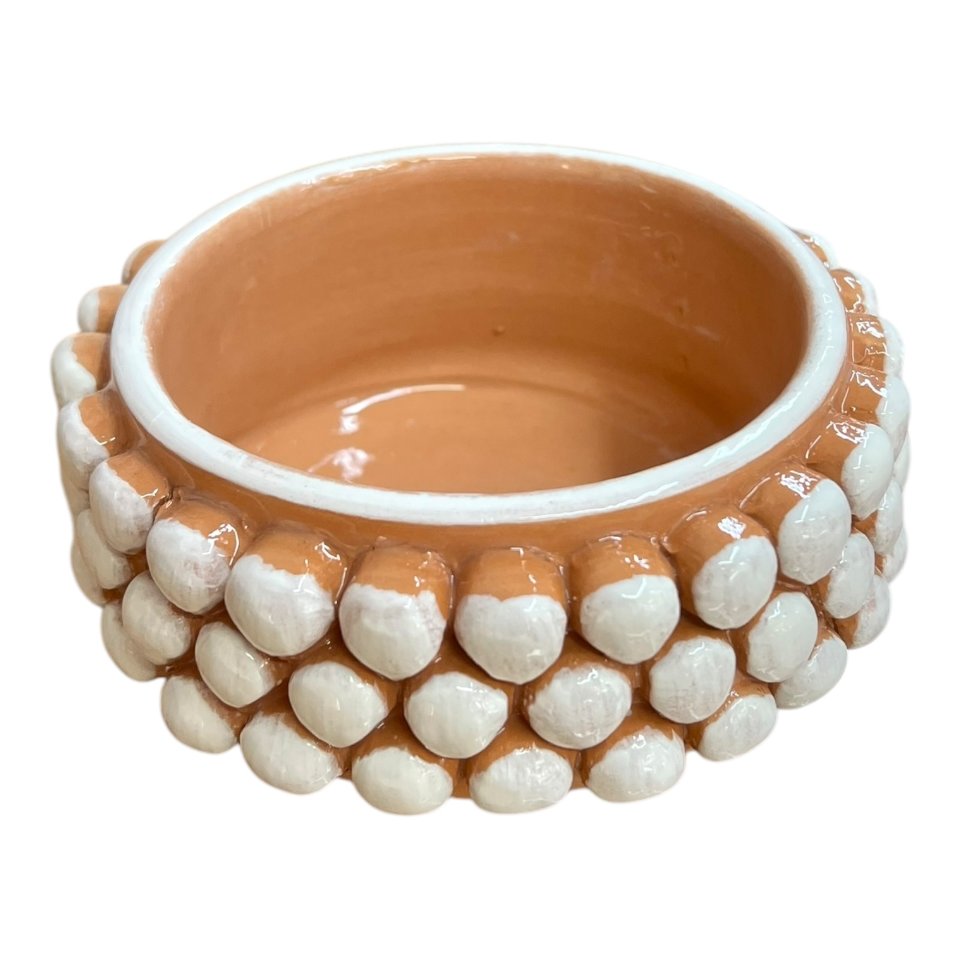 Ciotola pigna svuota tasche o porta caramelle in ceramica siciliana decoro bianco e terracotta Produzione artigianale di Santo Stefano di Camastra Diametro 15cm