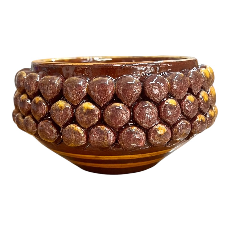 Ciotola pigna svuota tasche o porta caramelle in ceramica siciliana decoro mattone e giallo oro Produzione artigianale di Santo Stefano di Camastra Diametro 15cm