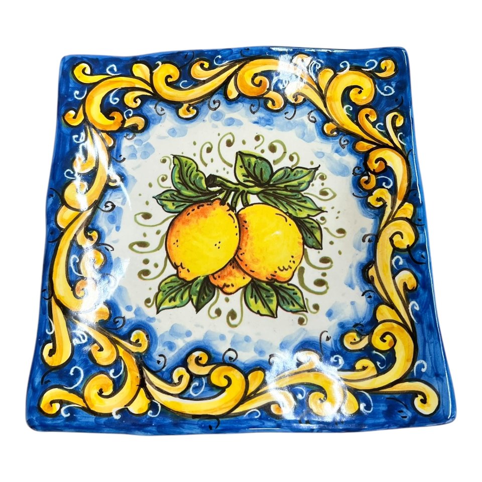 Piatto stracciato Svuota tasche o Porta caramelle in ceramica siciliana con limoni Produzione artigianale di Santo Stefano di Camastra Lunghezza 18cm