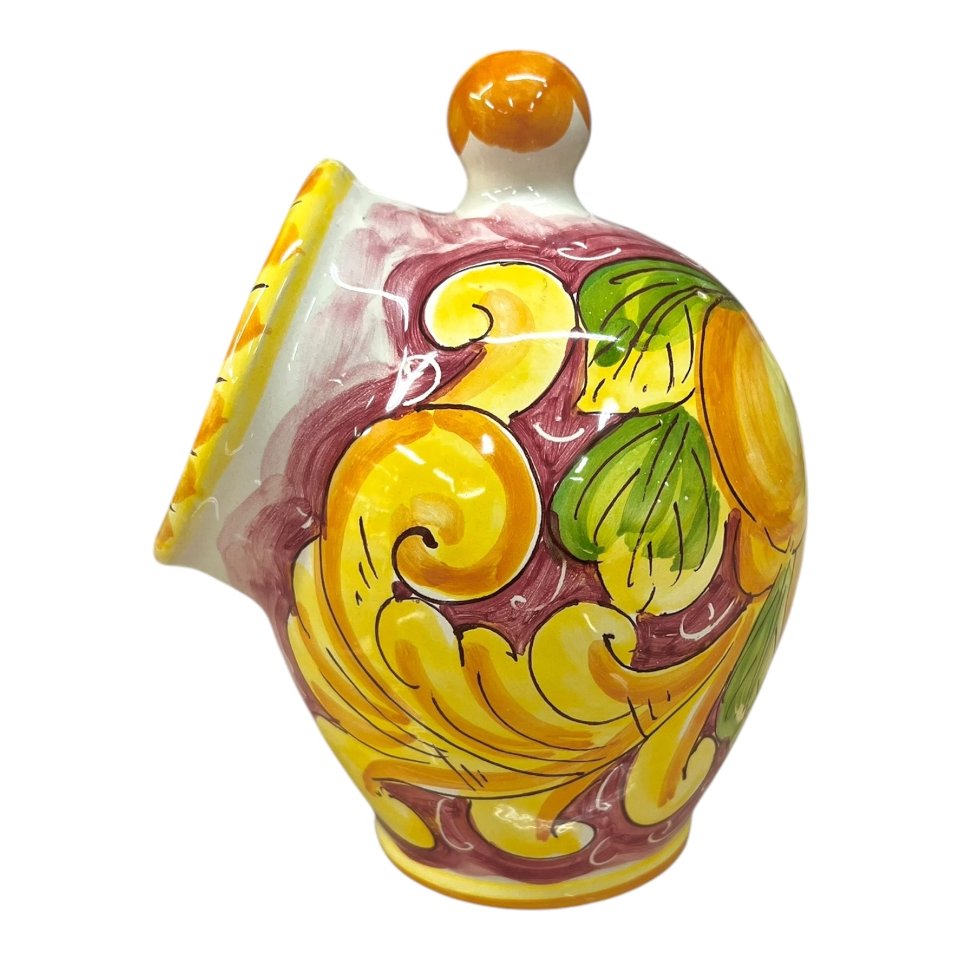 Saliera in ceramica siciliana con limoni fondo bordeaux Produzione artigianale di Santo Stefano di Camastra h.20cm