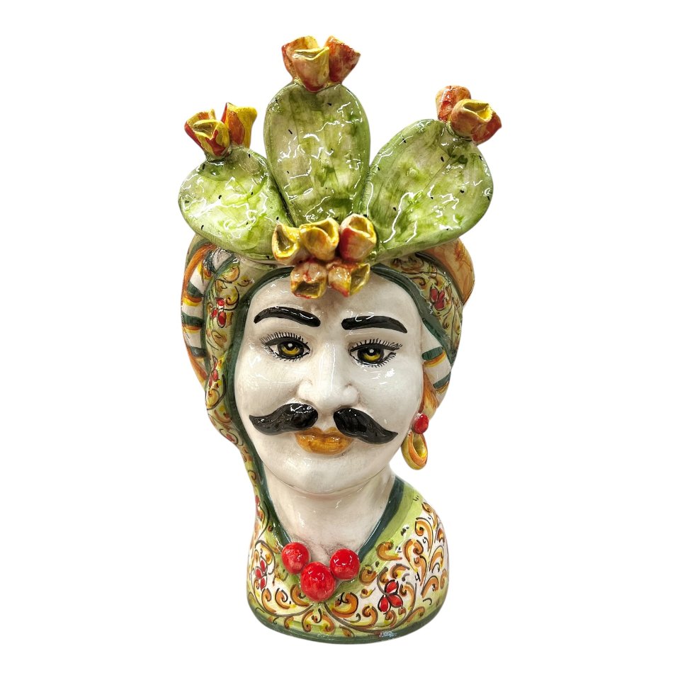 Teste di moro in ceramica siciliana decoro con fichi d’india Produzione artigianale  di Caltagirone h.30cm
