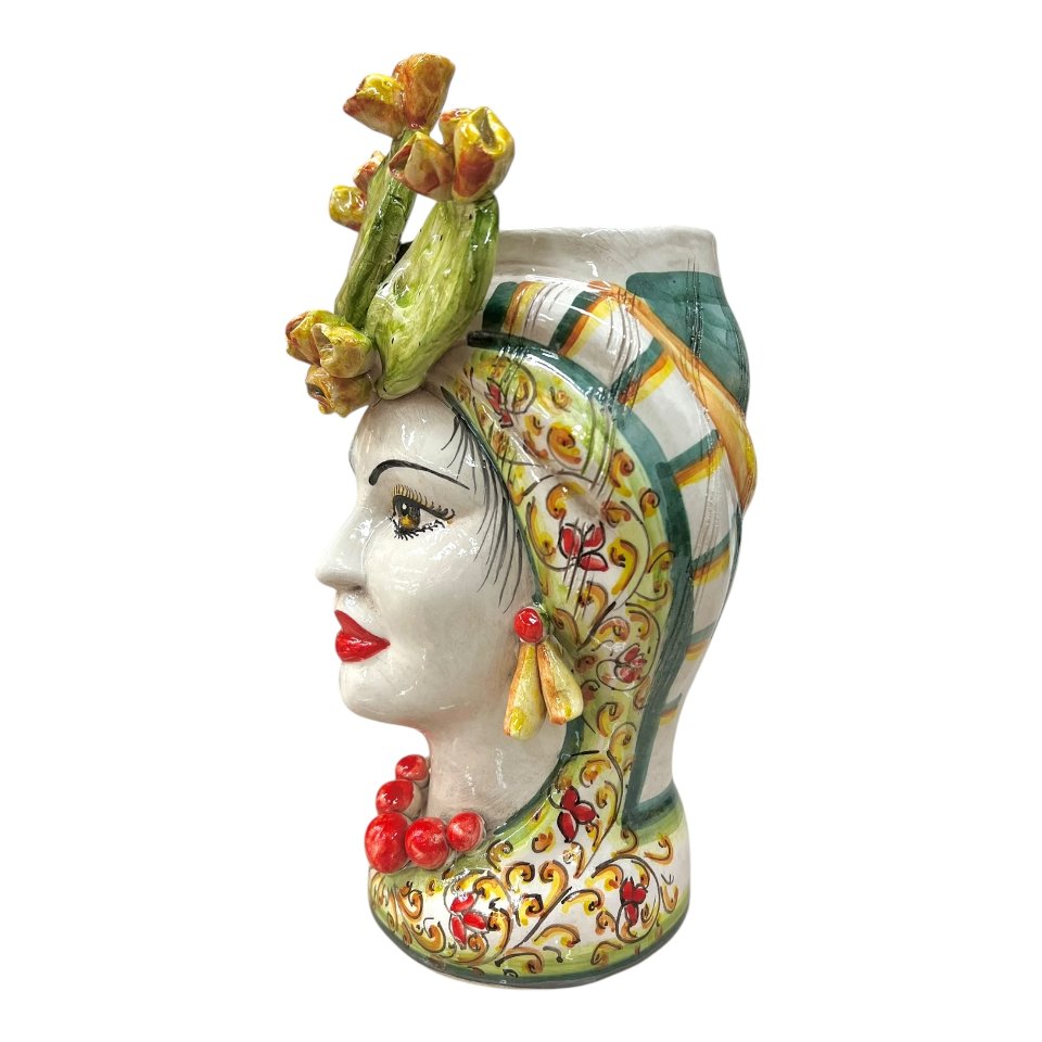 Teste di moro in ceramica siciliana decoro con fichi d’india Produzione artigianale  di Caltagirone h.30cm