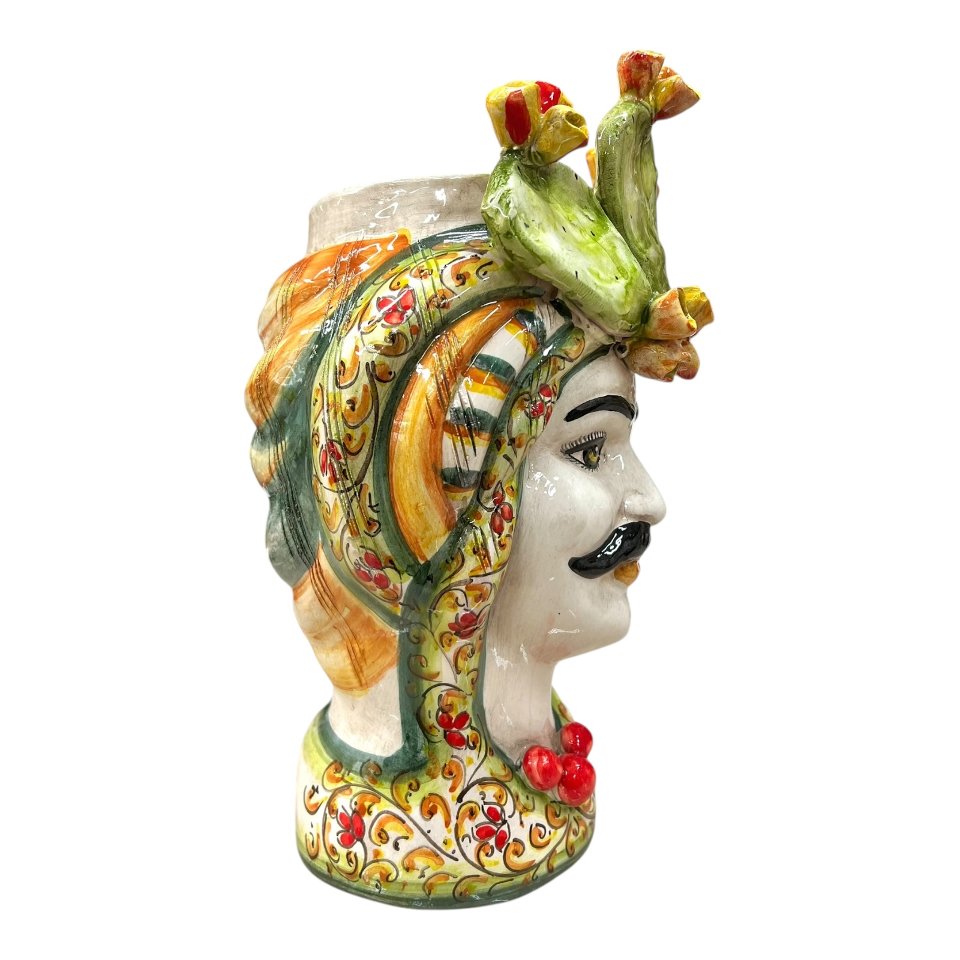 Teste di moro in ceramica siciliana decoro con fichi d’india Produzione artigianale  di Caltagirone h.30cm