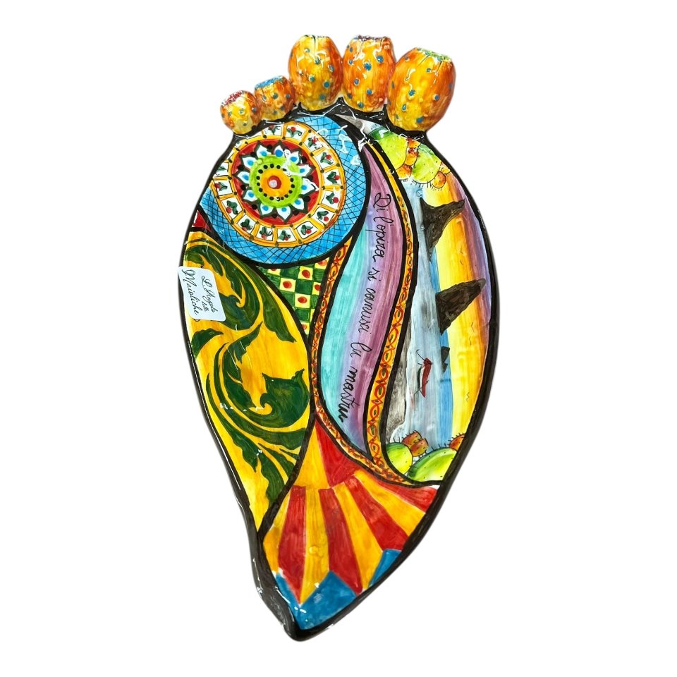 Svuota tasche/porta caramelle pala di fico d’india in ceramica siciliana decoro Sicilian Folk Produzione artigianale di Caltagirone Lunghezza 22cm