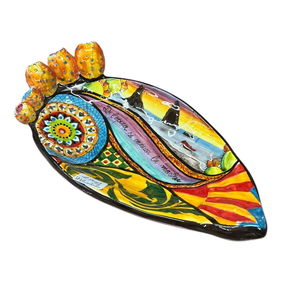 Svuota tasche/porta caramelle pala di fico d’india in ceramica siciliana decoro Sicilian Folk Produzione artigianale di Caltagirone Lunghezza 22cm
