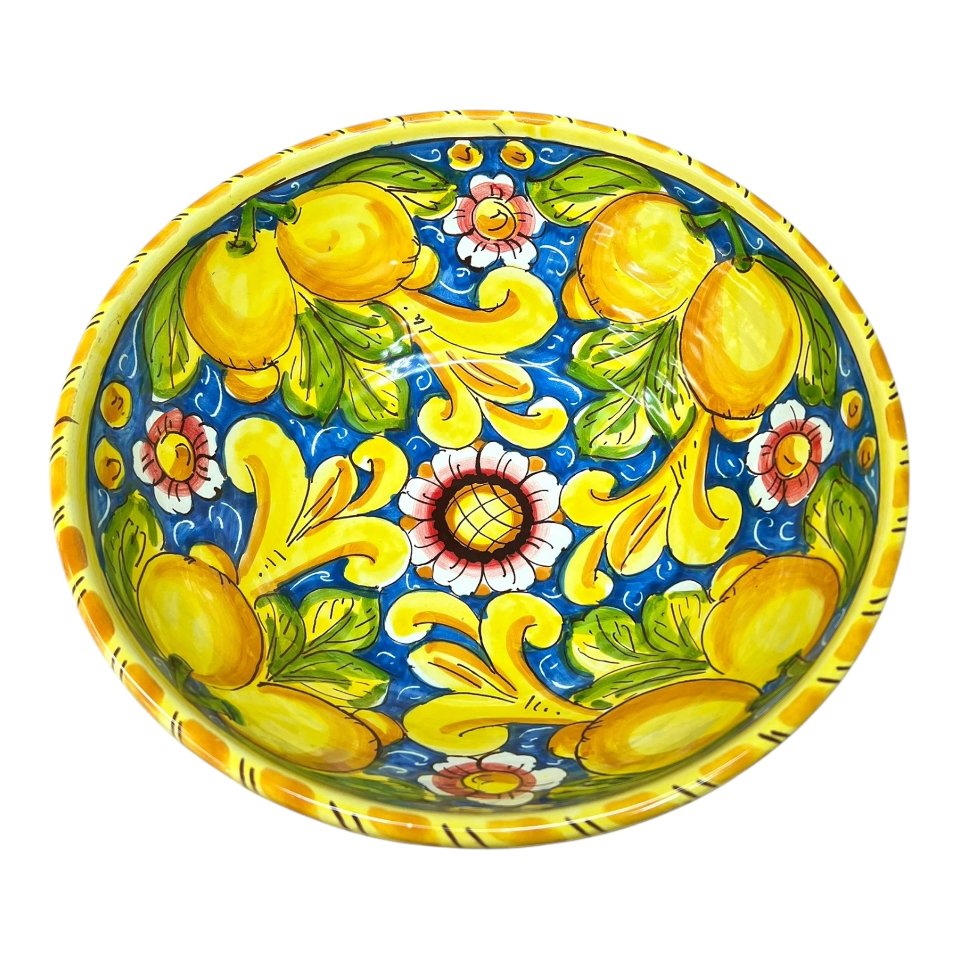Ciotola centrotavola in ceramica siciliana con limoni decoro floreale fondo blu Produzione artigianale di Santo Stefano di Camastra Diametro 25cm