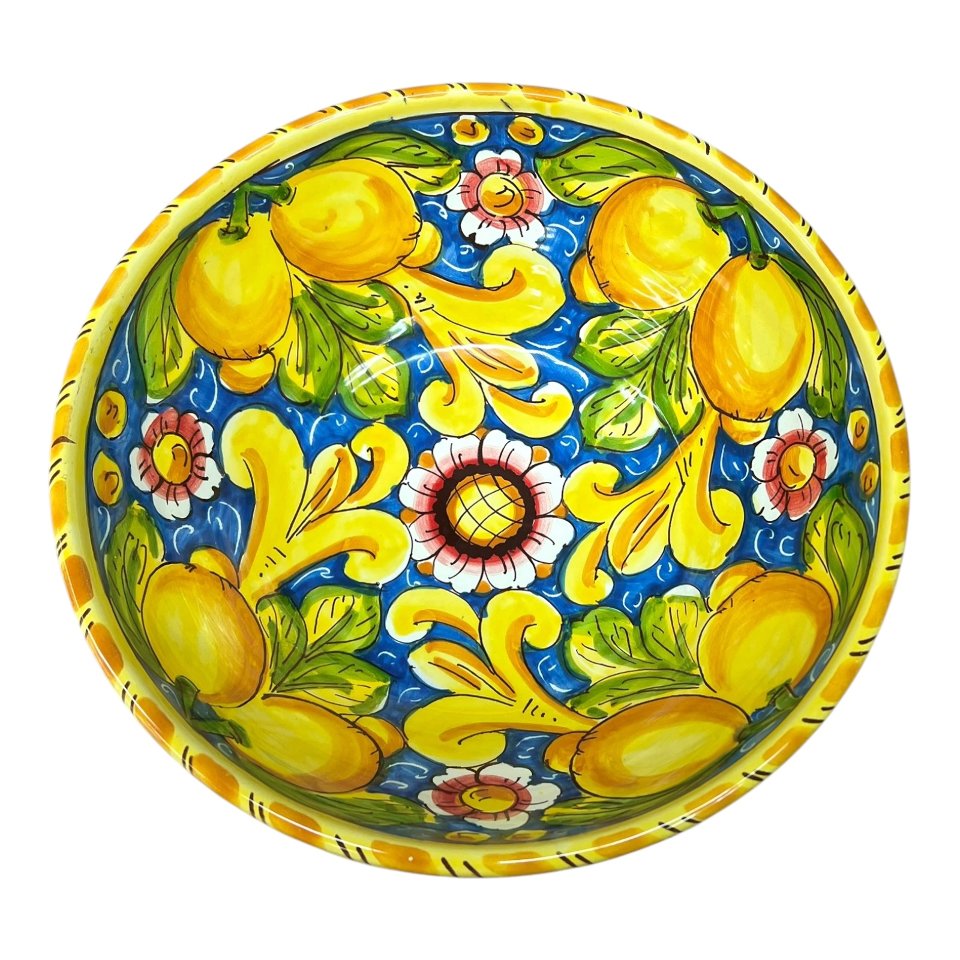 Ciotola centrotavola in ceramica siciliana con limoni decoro floreale fondo blu Produzione artigianale di Santo Stefano di Camastra Diametro 25cm