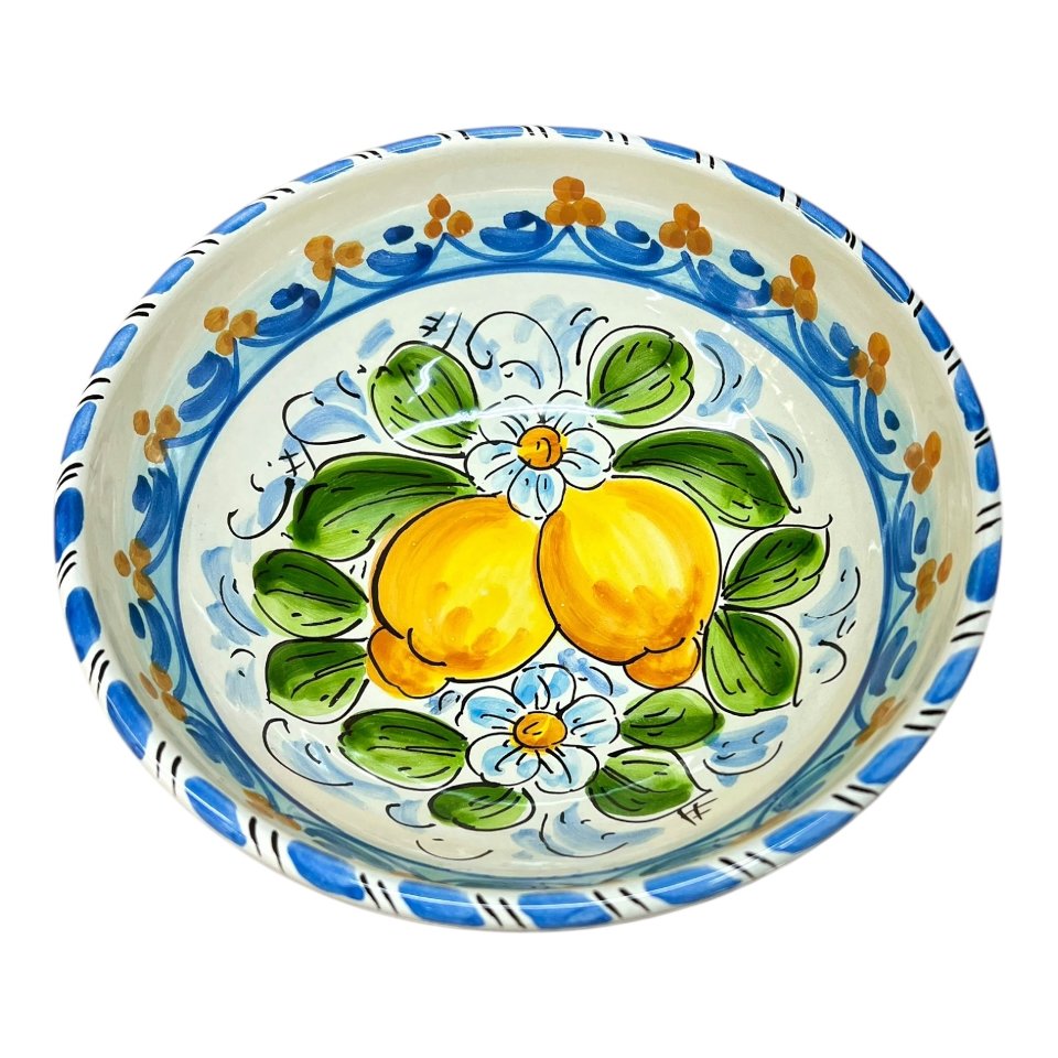 Ciotola centrotavola in ceramica siciliana decoro con limoni fondo azzurro e bianco Produzione artigianale di Santo Stefano di Camastra Diametro 20cm