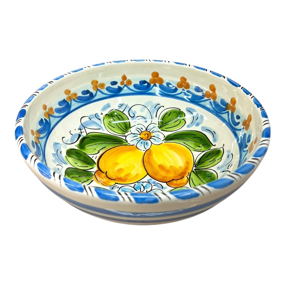 Ciotola centrotavola in ceramica siciliana decoro con limoni fondo azzurro e bianco Produzione artigianale di Santo Stefano di Camastra Diametro 20cm